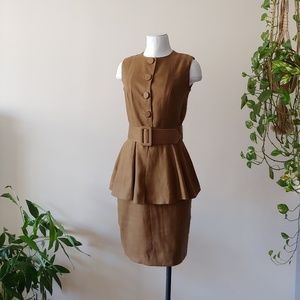 BROWN 100% LINEN SLEEVELESS PEPLUM BELTED DRESS